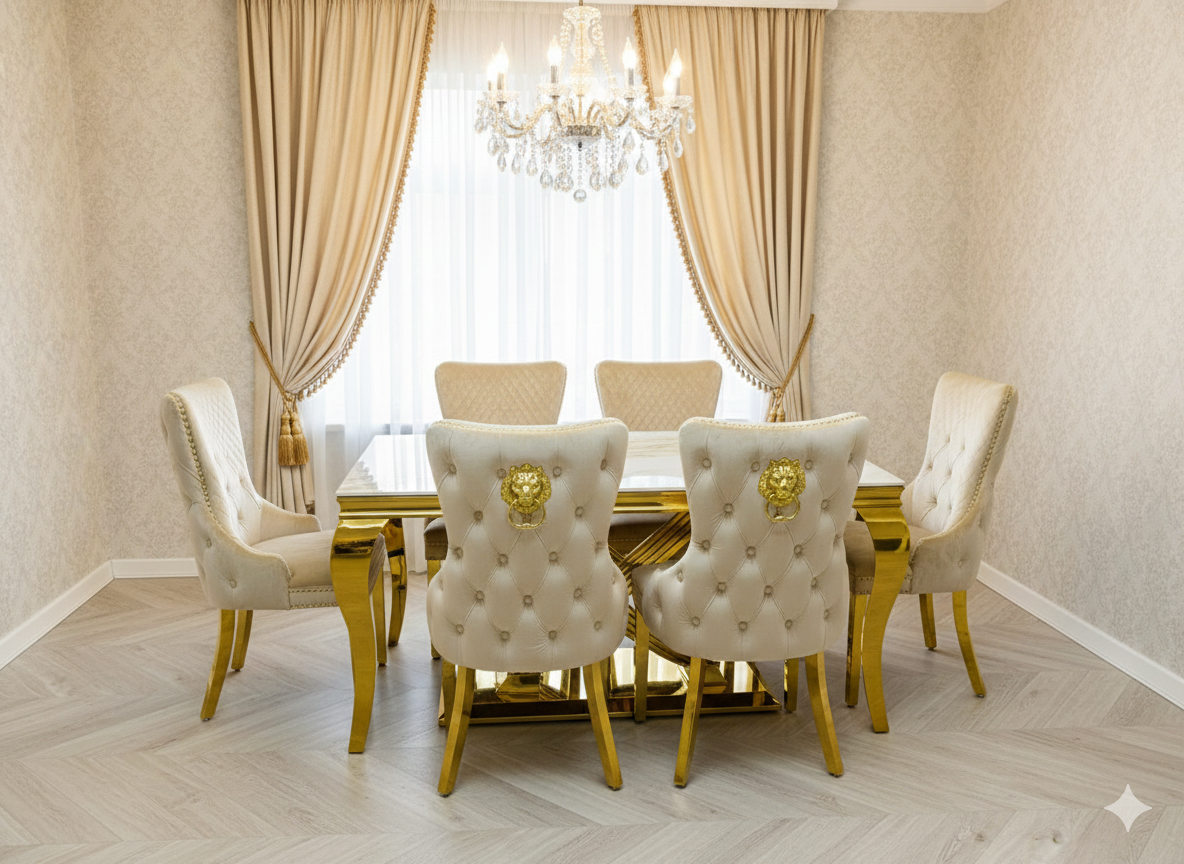 Elina 180cm Gold Marble Dining Table with Victoria Lion Knocker Chairs