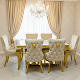 Elina 180cm Gold Marble Dining Table with Victoria Lion Knocker Chairs