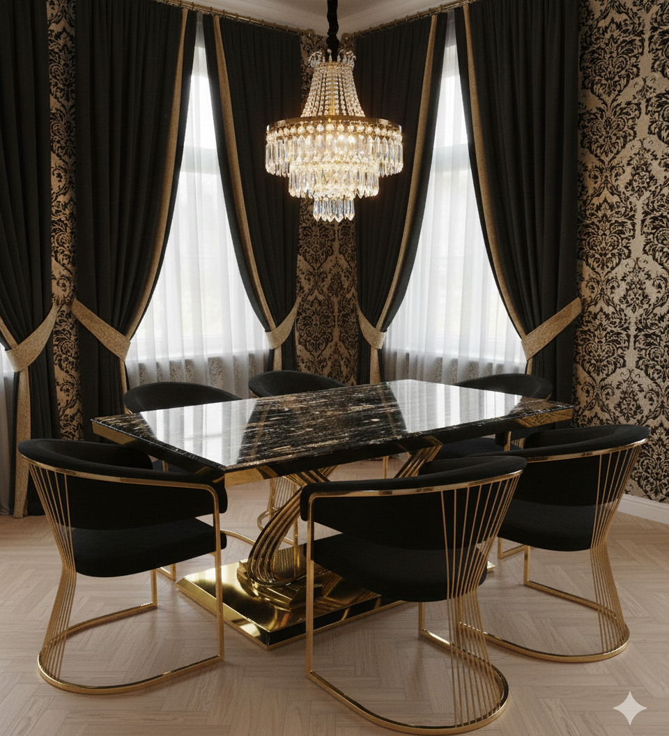 Elina 180cm Gold Marble Dining Table with Porado Chairs