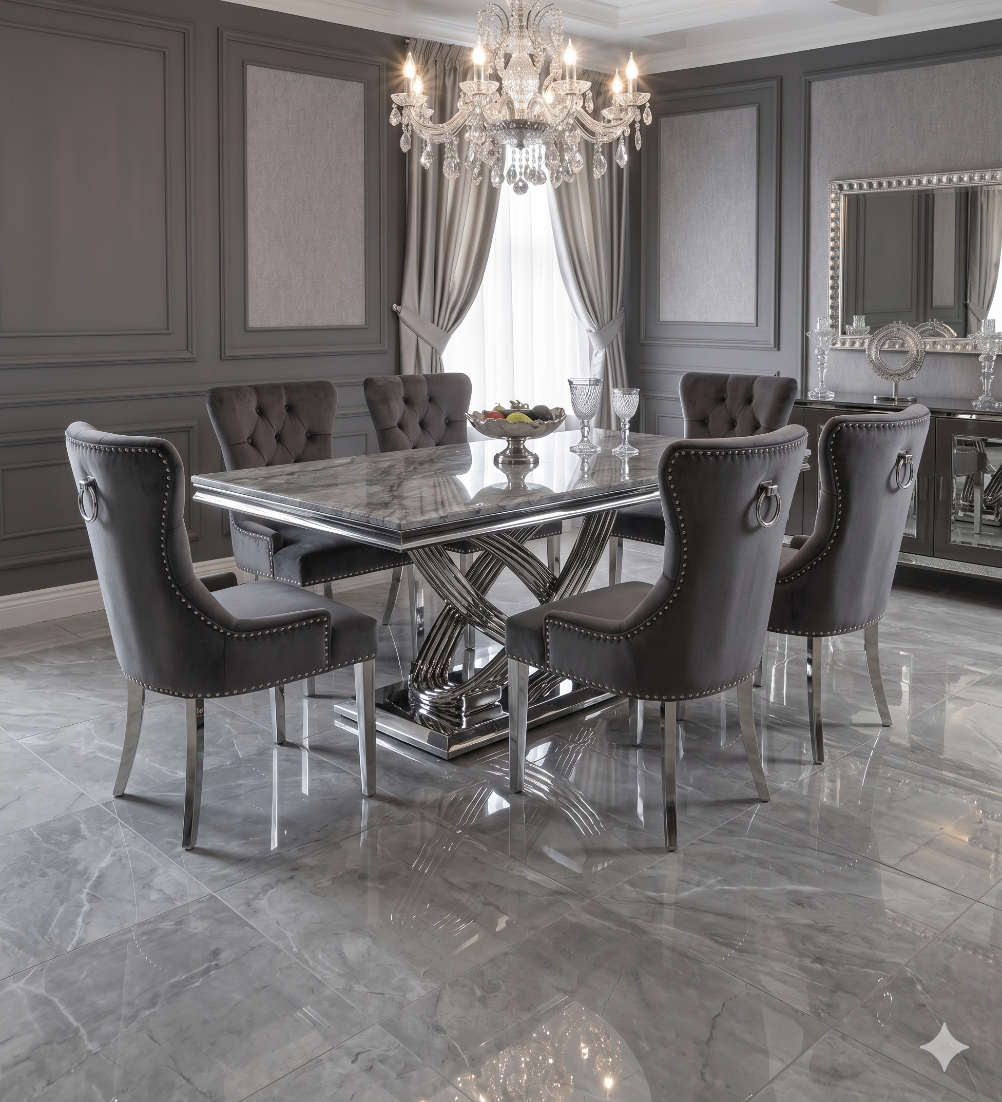 Elina Luxury Grey Marble Dining Table with Henley Ring Knocker Chairs