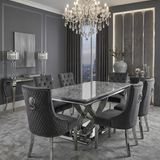 Elina Luxury Grey Marble Dining Table with Majestic Lion Knocker Chairs