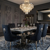 Elina Luxury Grey Marble Dining Table with Majestic Lion Knocker Chairs