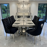 Elina Luxury Grey Marble Dining Table with Majestic Lion Knocker Chairs