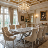 Elina Luxury Grey Marble Dining Table with Majestic Lion Knocker Chairs