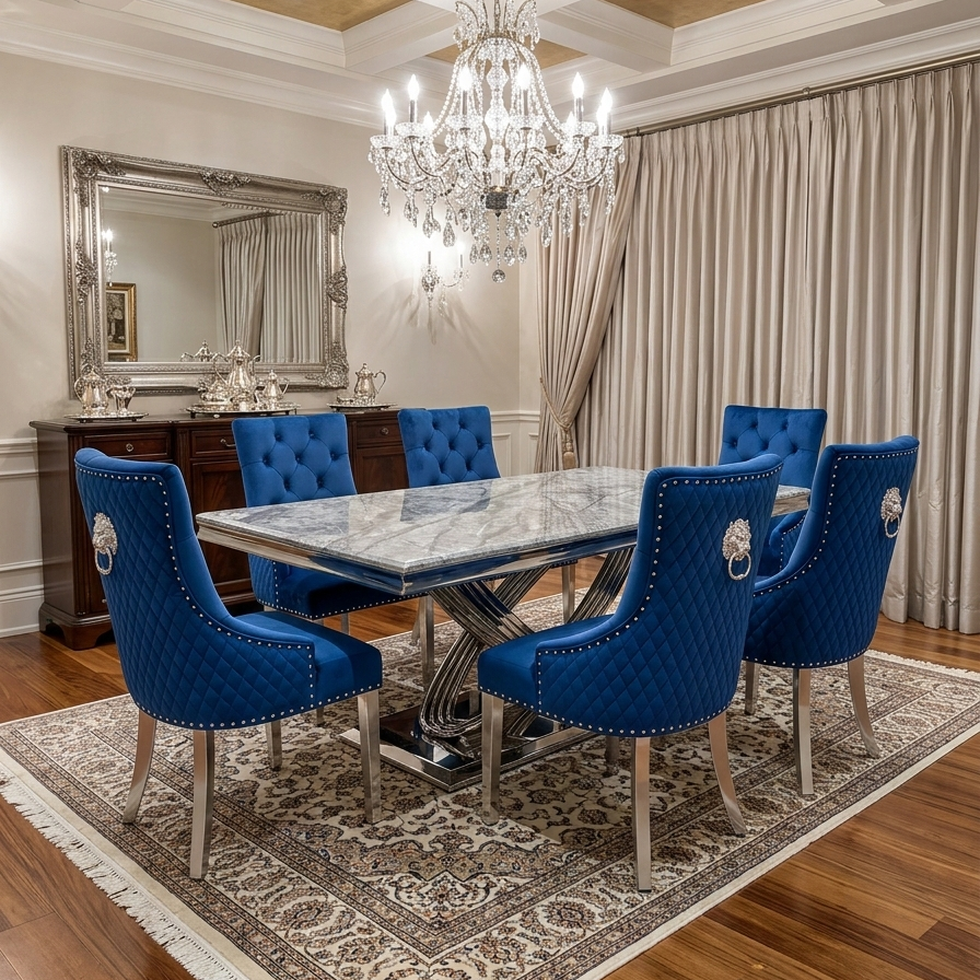 Elina Luxury Grey Marble Dining Table with Majestic Lion Knocker Chairs