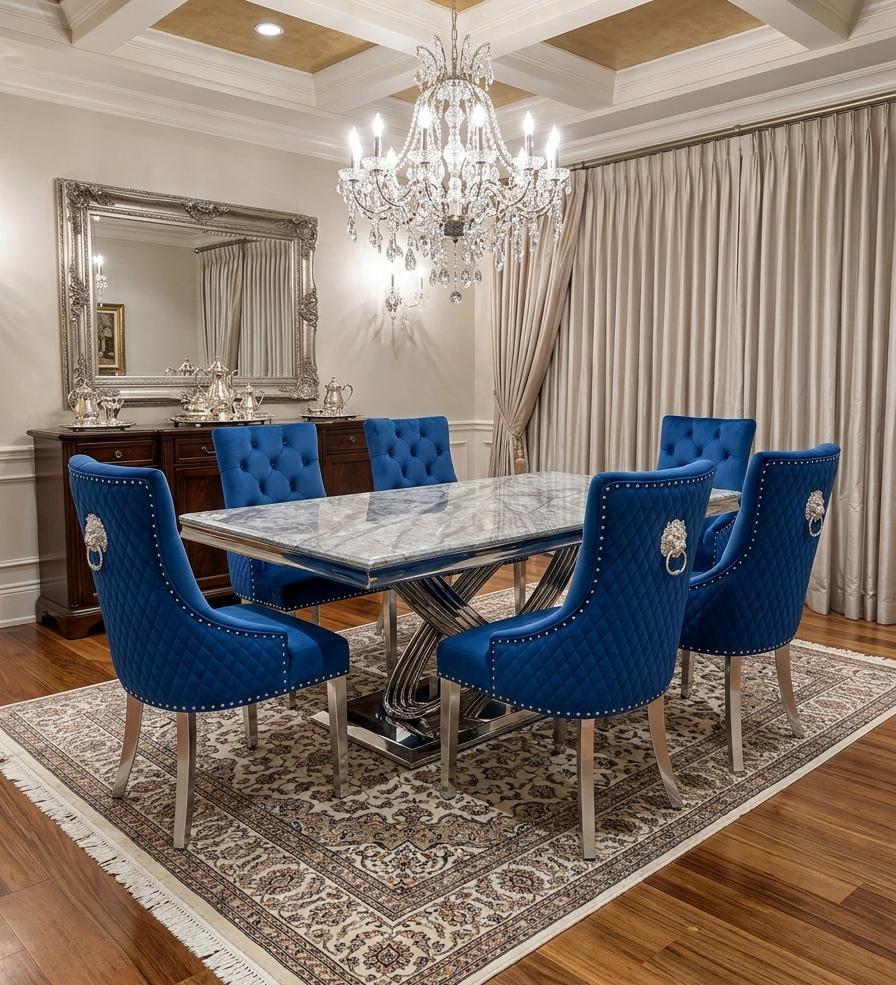 Elina Luxury Grey Marble Dining Table with Majestic Lion Knocker Chairs