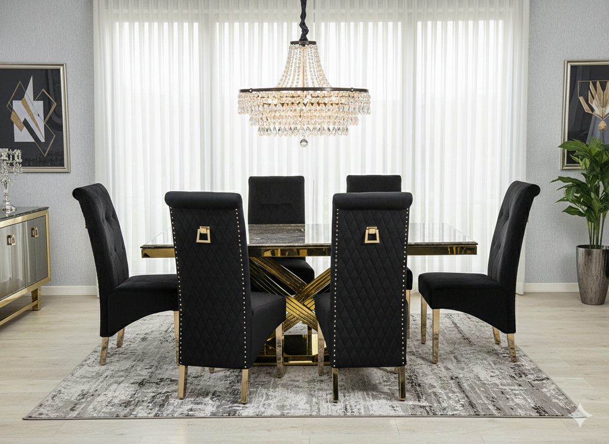 Elina 180cm Gold Marble Dining Table with Sofia Gold Chairs