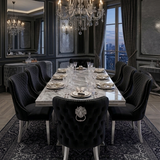 Elina Luxury Grey Marble Dining Table Set with Valentino Lion Knocker Chairs