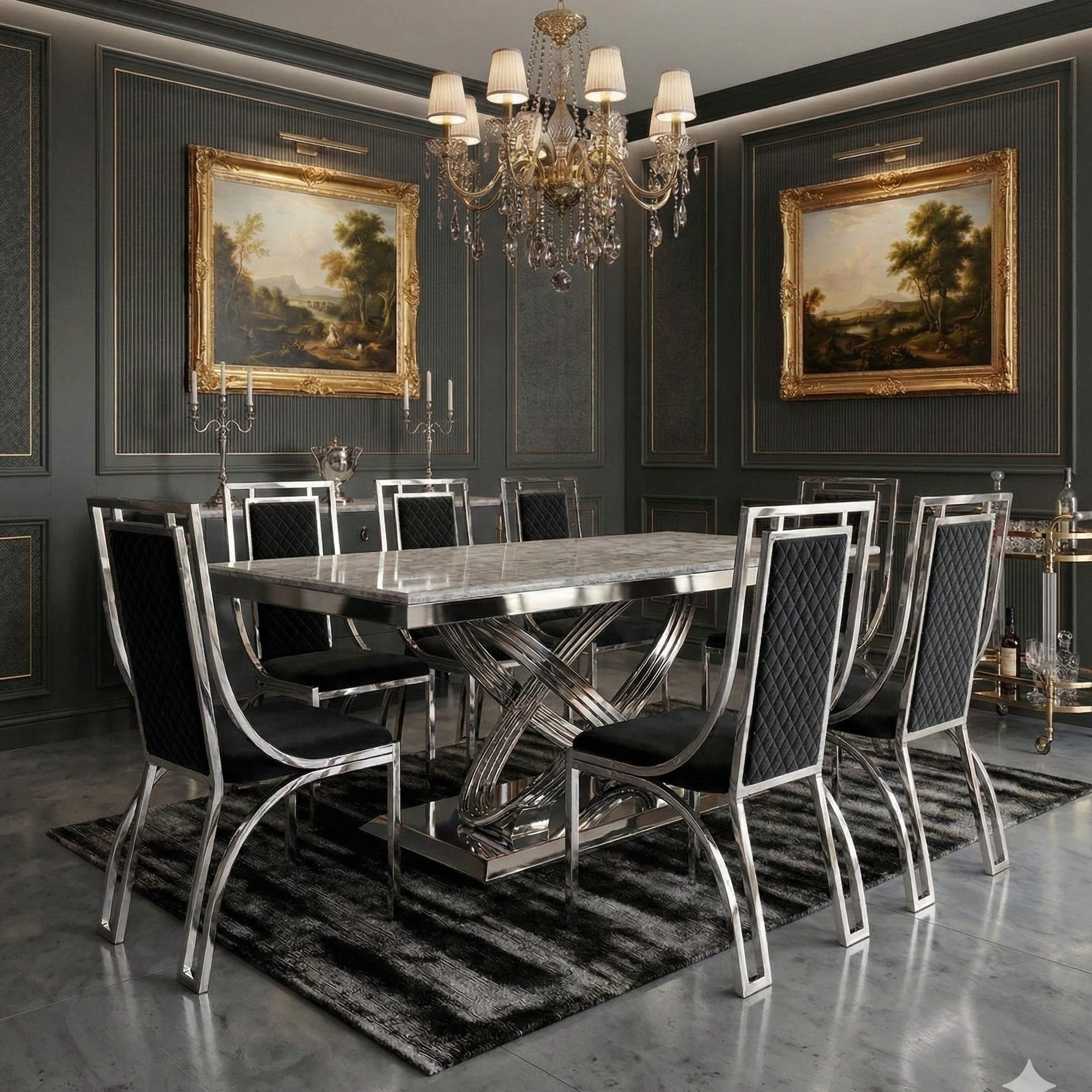 Elina Luxury Grey Marble Dining Table Set with Windsor Chairs