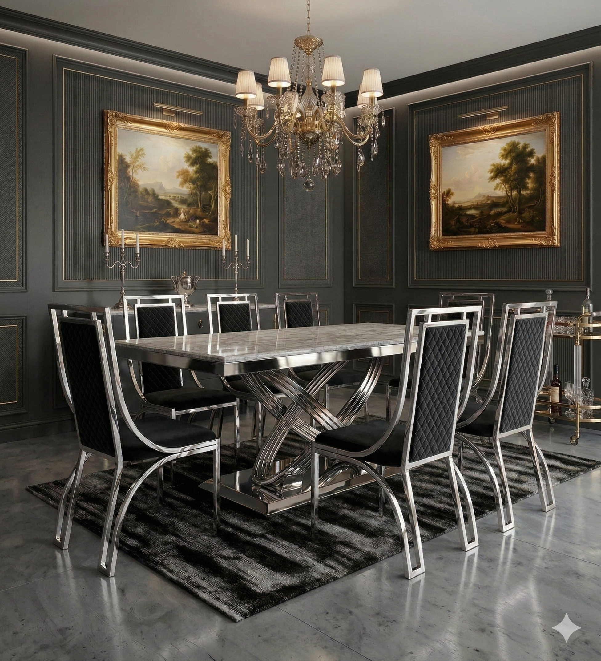 Elina Luxury Grey Marble Dining Table Set with Windsor Chairs