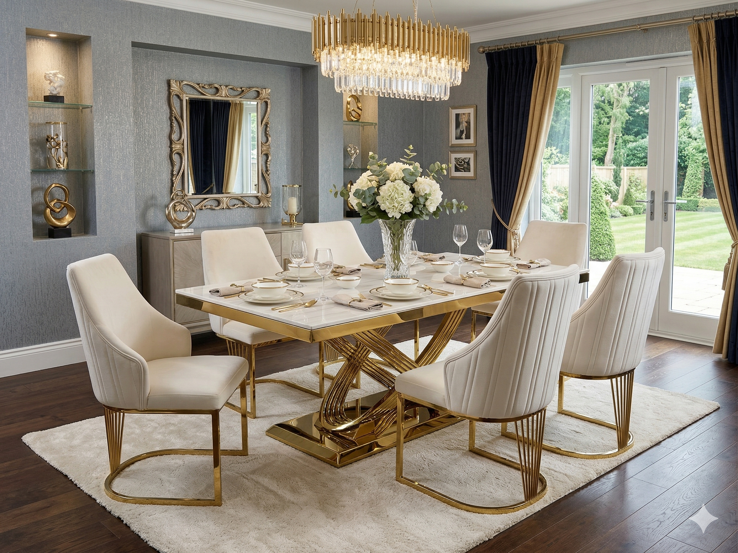 Elina 160cm Gold Marble Dining Table with Lasco Gold Chairs