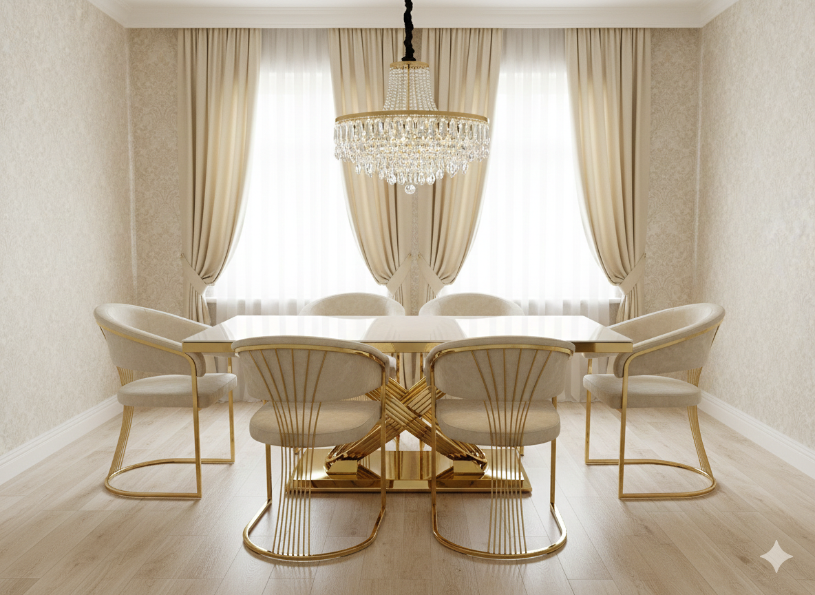 Elina 160cm Gold Marble Dining Table with Porado Chairs