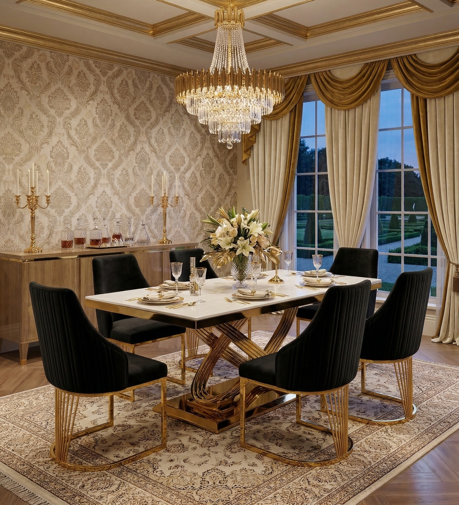 Elina 180cm Gold Marble Dining Table Set with Lasco Gold Chairs