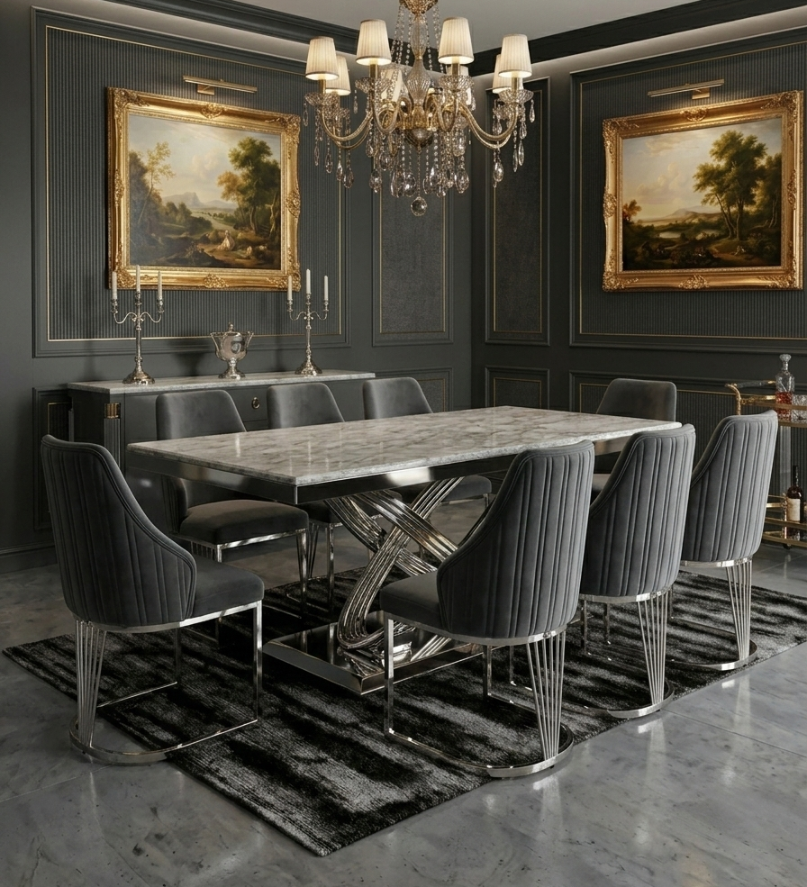 Elina Luxury Grey Marble Dining Table with Lasco Grey Chairs