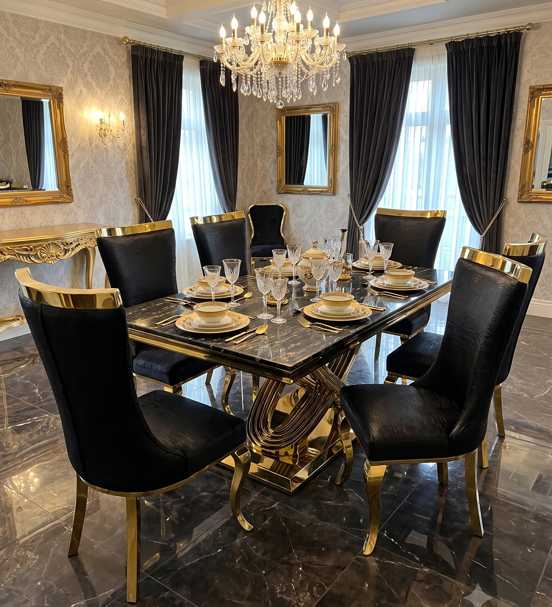 Elina 160cm Gold Marble Dining Table with Rocky Chairs