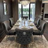 Elina Luxury Grey Marble Dining Table Set with Valentino Lion Knocker Chairs