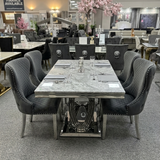Elina Luxury Grey Marble Dining Table Set with Valentino Lion Knocker Chairs