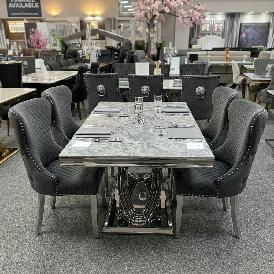 Elina Luxury Grey Marble Dining Table Set with Valentino Lion Knocker Chairs