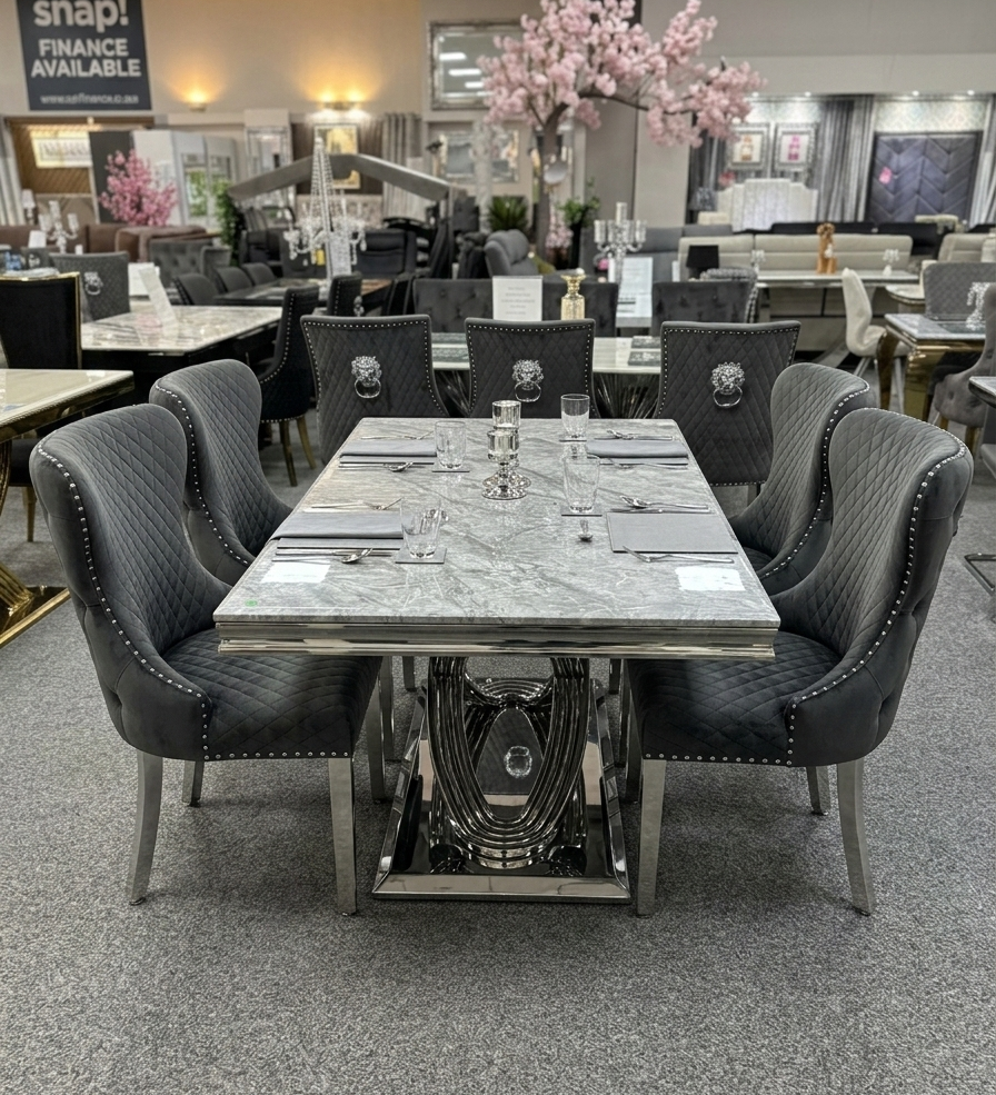 Elina Luxury Grey Marble Dining Table Set with Valentino Lion Knocker Chairs