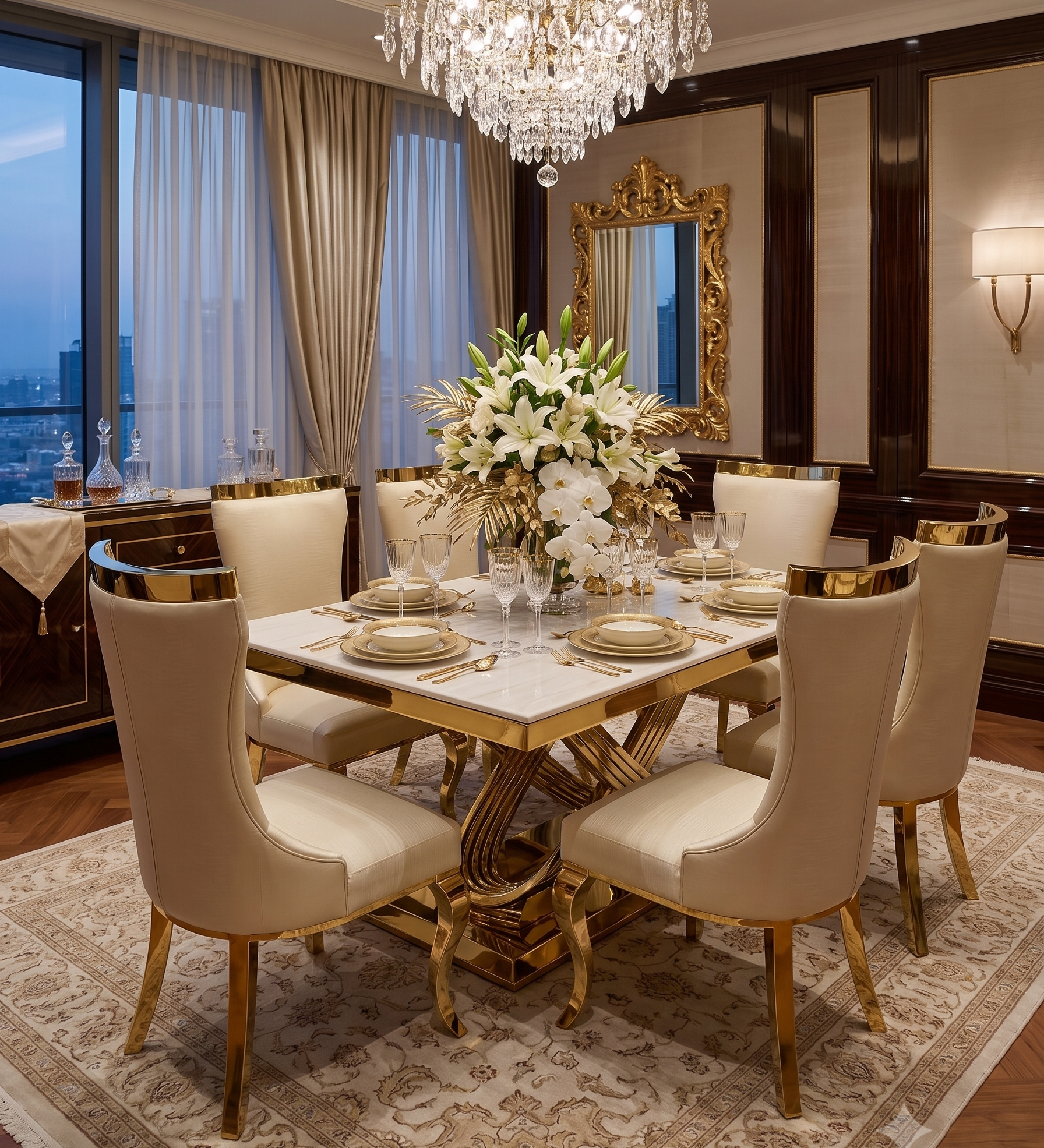 Elina 180cm Gold Marble Dining Table with Rocky Chairs