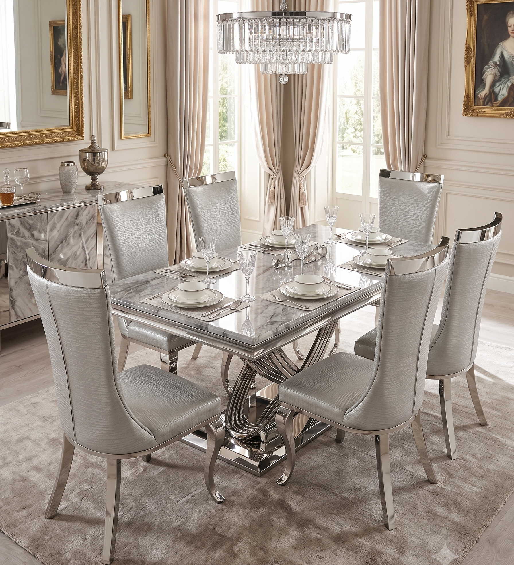 Elina Luxury Grey Marble Dining Table Set with Rocky Chairs