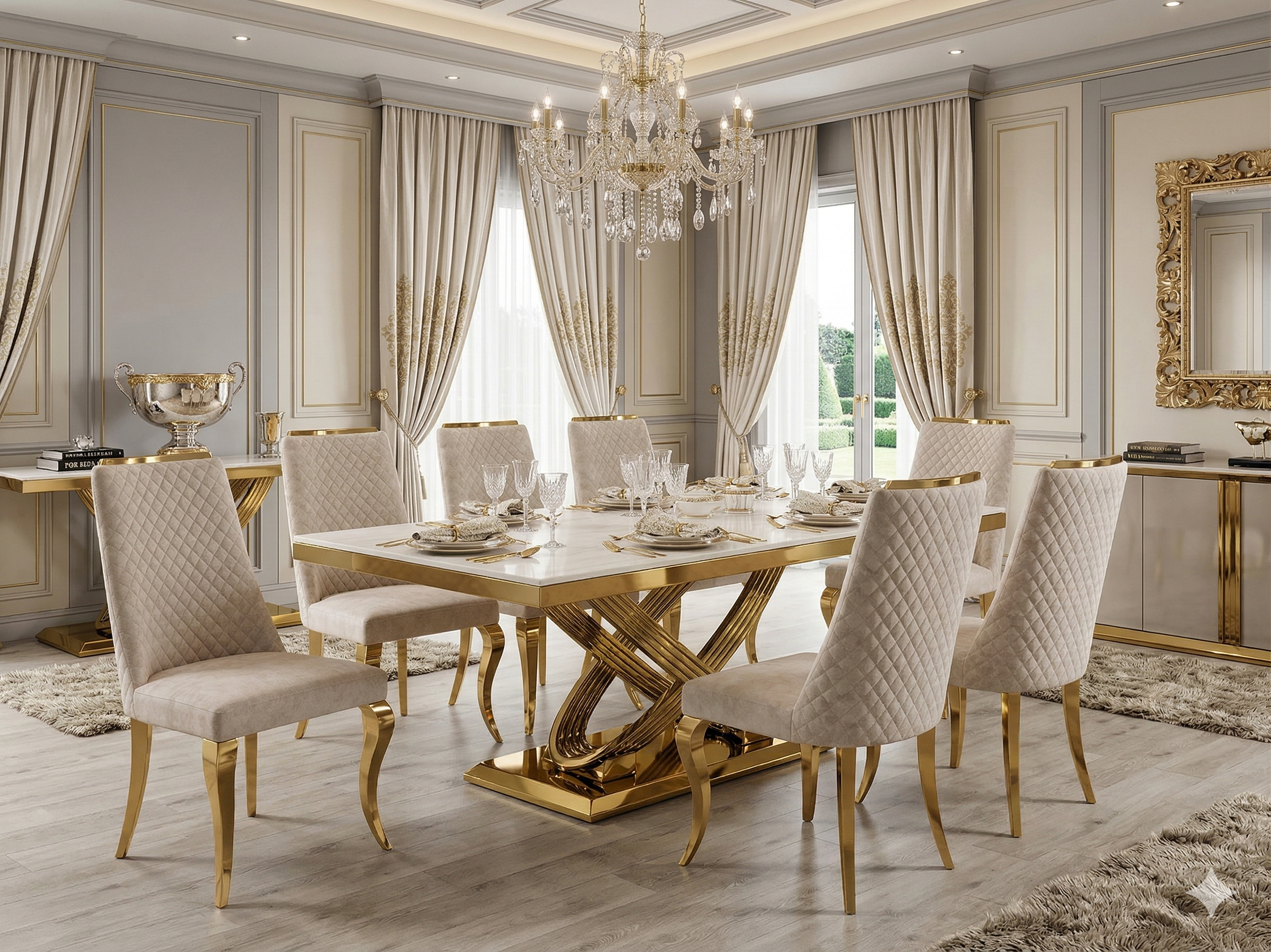 Elina 180cm Gold Marble Dining Table with Roxby Chairs