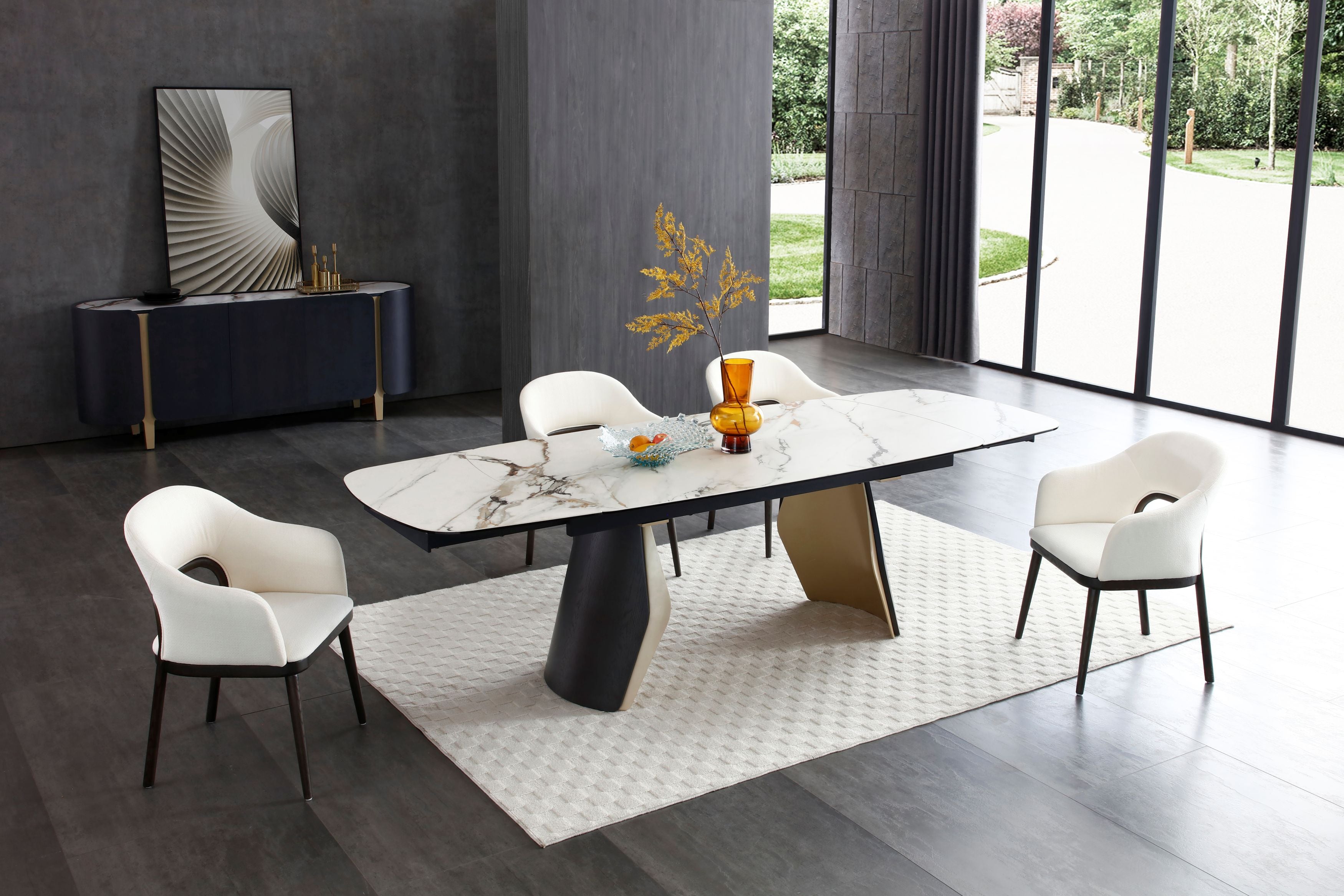 Fidenza 180-260cm Italian Black Ash & Calacatta Verde Ceramic Marble Side Extending Dining Table With Milo Walnut Wooden Dining Chairs