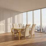 Louis Pandora Gold Marble Dining Table With Lucy Slim Quilted Gold Ring Knocker Velvet Chairs