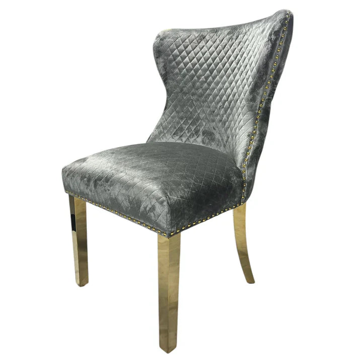 Valente Grey Gold Lion Knocker Button Back Plush Velvet Dining Chair Gold Legs