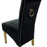 Arianna Marble & Gold Dining Table With Lucy Slim Quilted Gold Ring Knocker Velvet Chairs