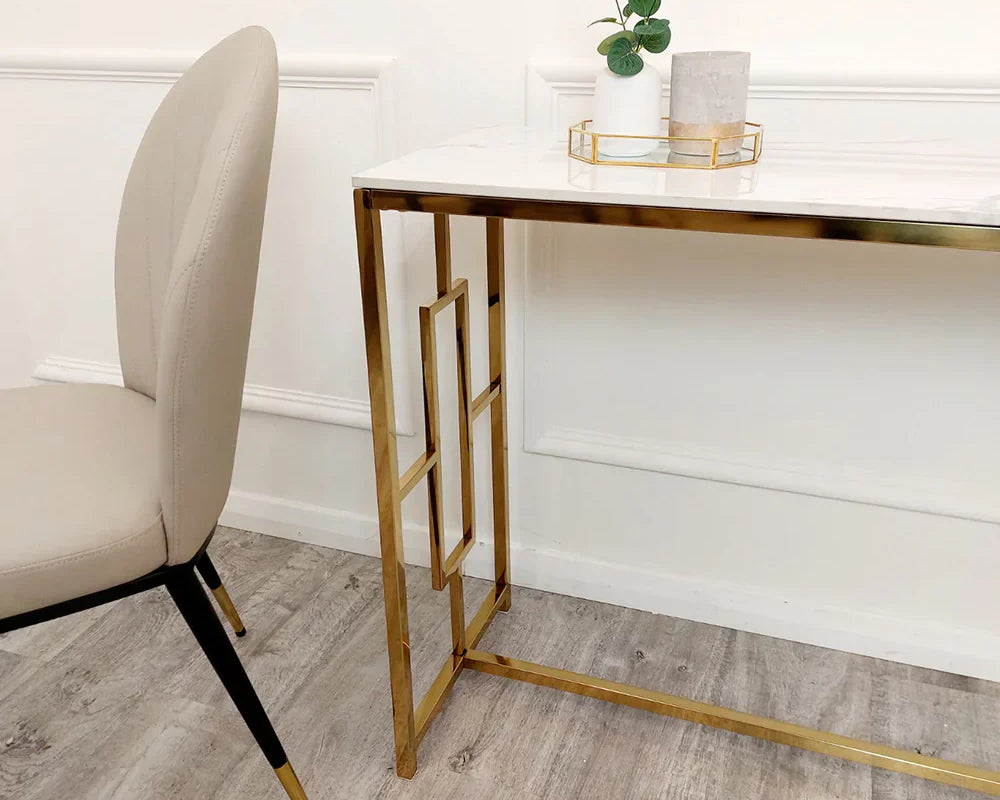 Geo Gold Console Table with Polar White Sintered Top-Esme Furnishings