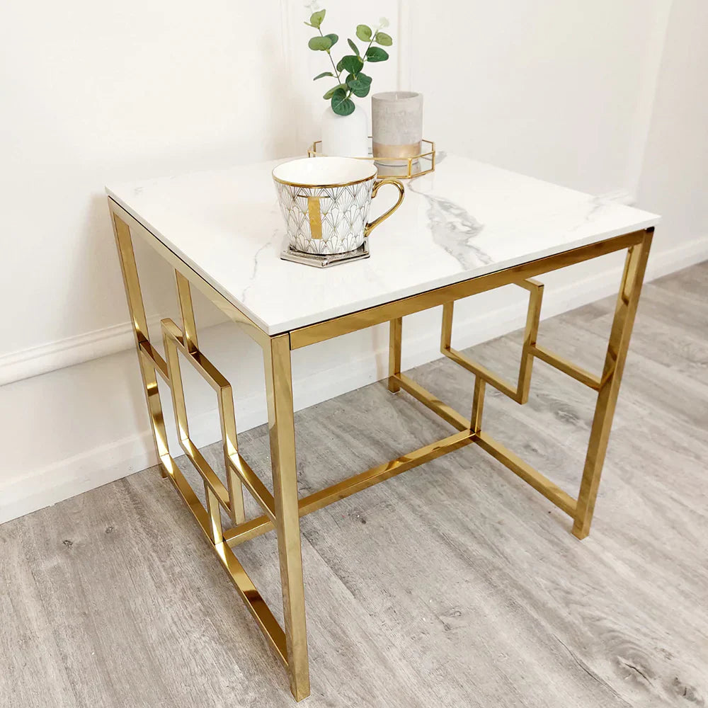Geo Gold Lamp Side Table with Polar White Sintered Top-Esme Furnishings