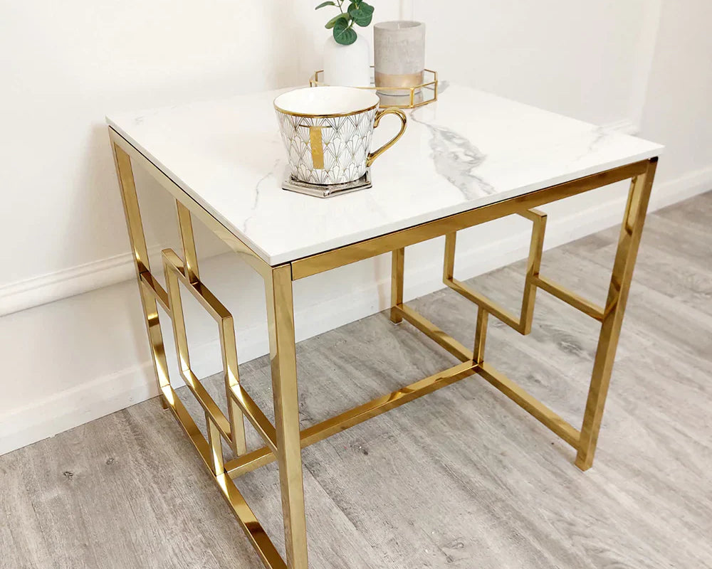 Geo Gold Lamp Side Table with Polar White Sintered Top-Esme Furnishings