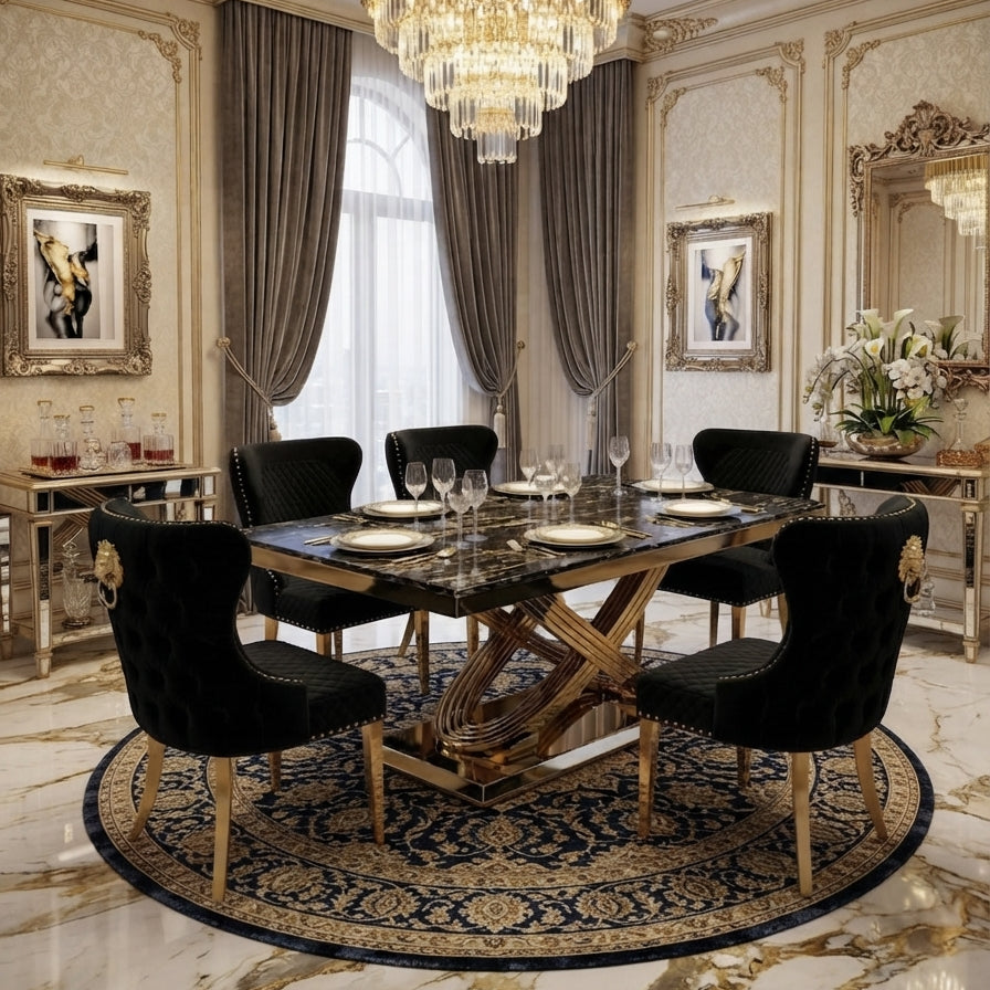 Elina 180cm Gold Marble Dining Table Set with Valentino Gold Chairs