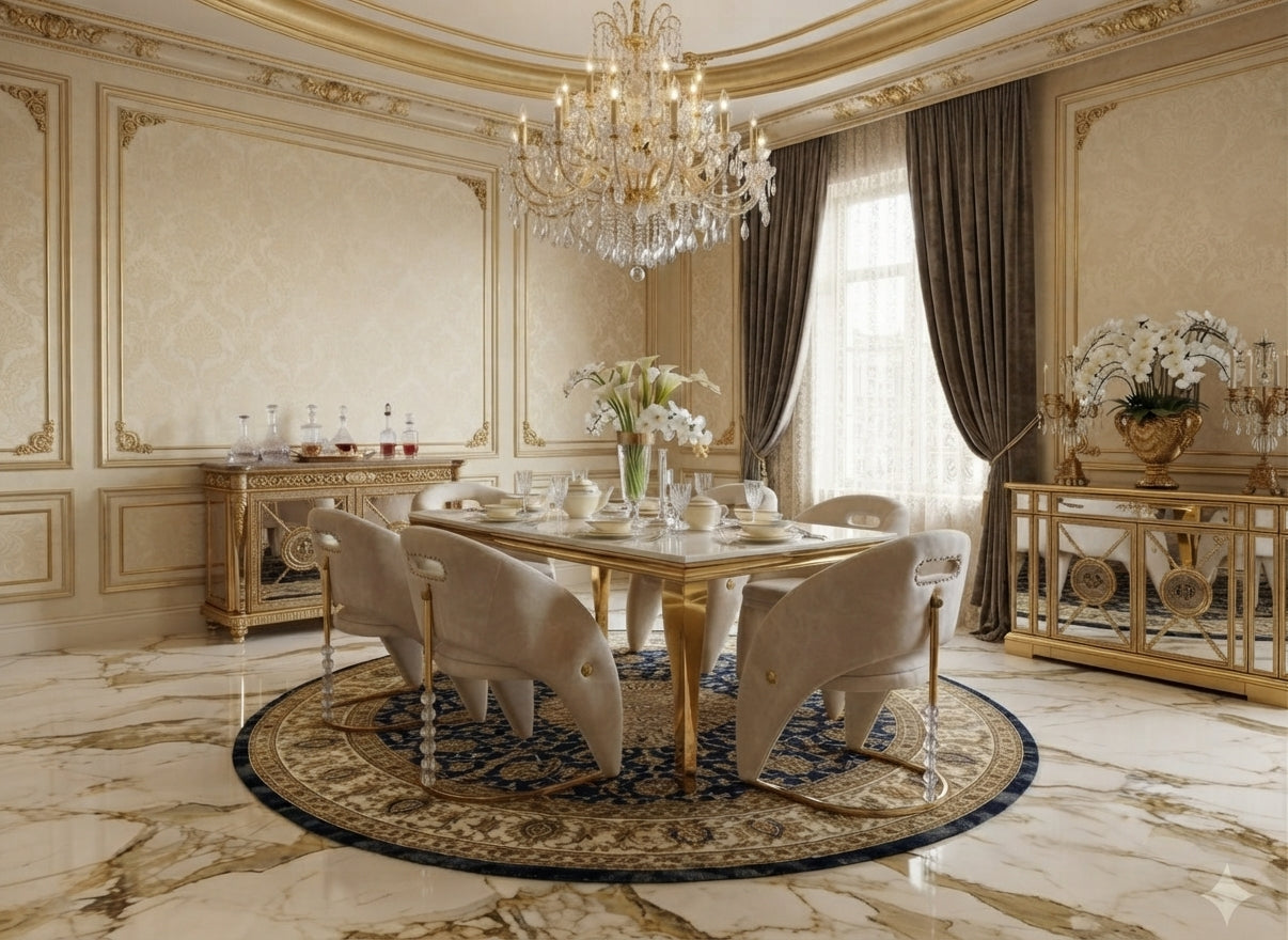 Sofia Cream Gold Marble Dining Table with Vegas Chairs