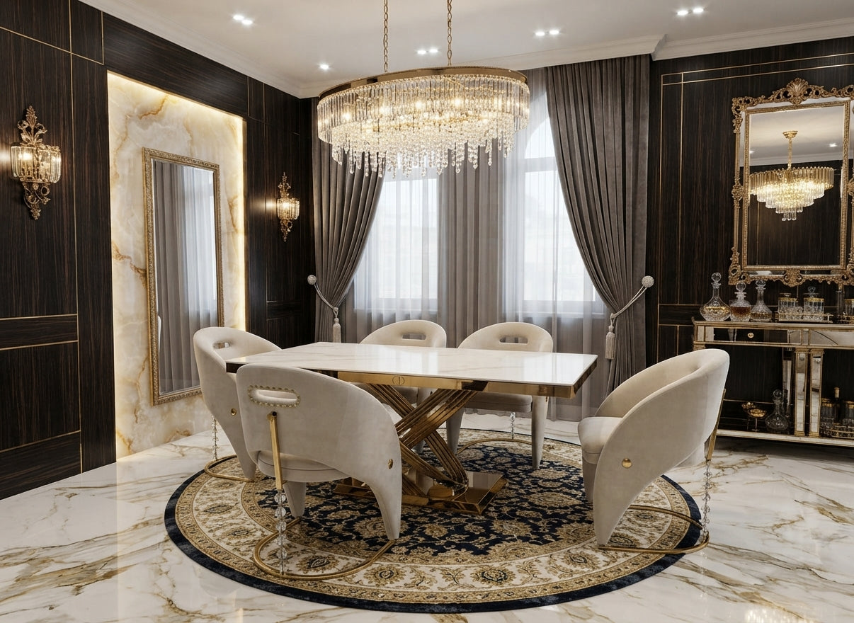 Elina 180cm Gold Marble Dining Table Set with Vegas Chairs