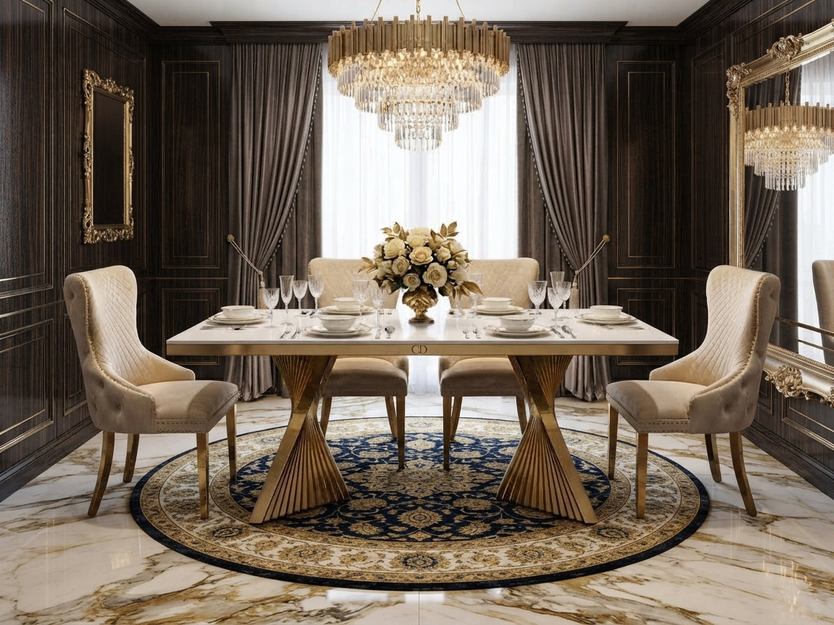 Ravello 160cm Black & Gold Dining Table Set with Victoria Lion Knocker Chairs