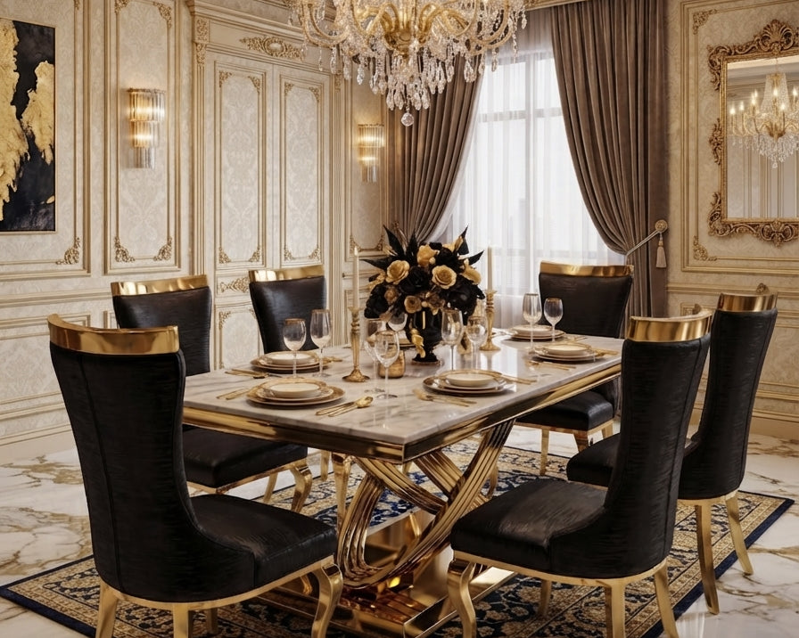 Elina 160cm Gold Marble Dining Table with Rocky Chairs