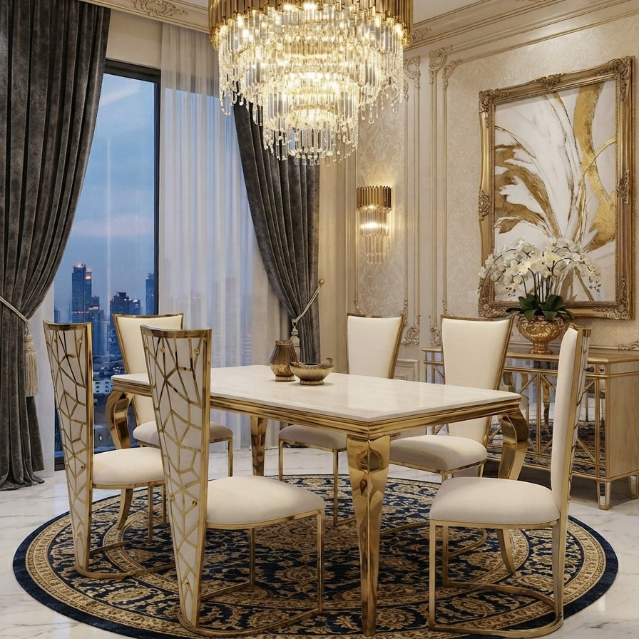 Sofia Black Gold Marble Dining Table Set with Vienna & Gold Chairs