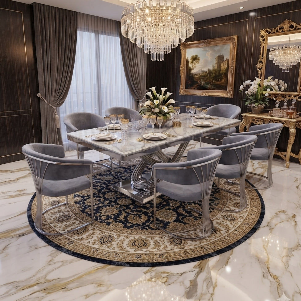 Elina Grey Marble Dining Table with Porado Grey Chairs