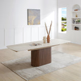Ginevra 180-260cm Italian Walnut & White Travertine Ceramic Marble Side Extending Dining Table With Milo Walnut Wooden Dining Chairs