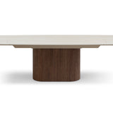Ginevra 180-260cm Italian Walnut & White Travertine Ceramic Marble Side Extending Dining Table With Milo Walnut Wooden Dining Chairs