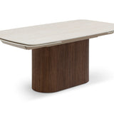 Ginevra 180-260cm Italian Walnut & White Travertine Ceramic Marble Side Extending Dining Table With Milo Walnut Wooden Dining Chairs