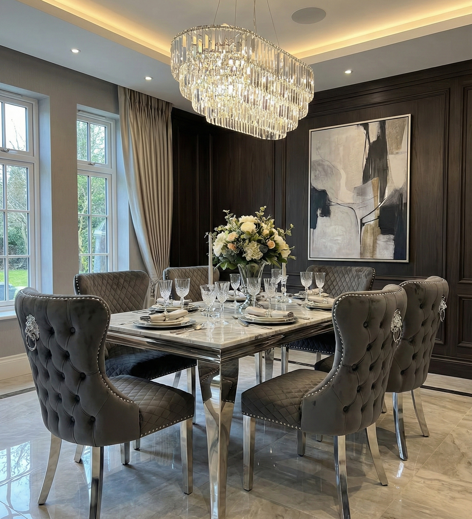 Sofia Cream Marble Dining Table with Valentino Lion Knocker Chairs