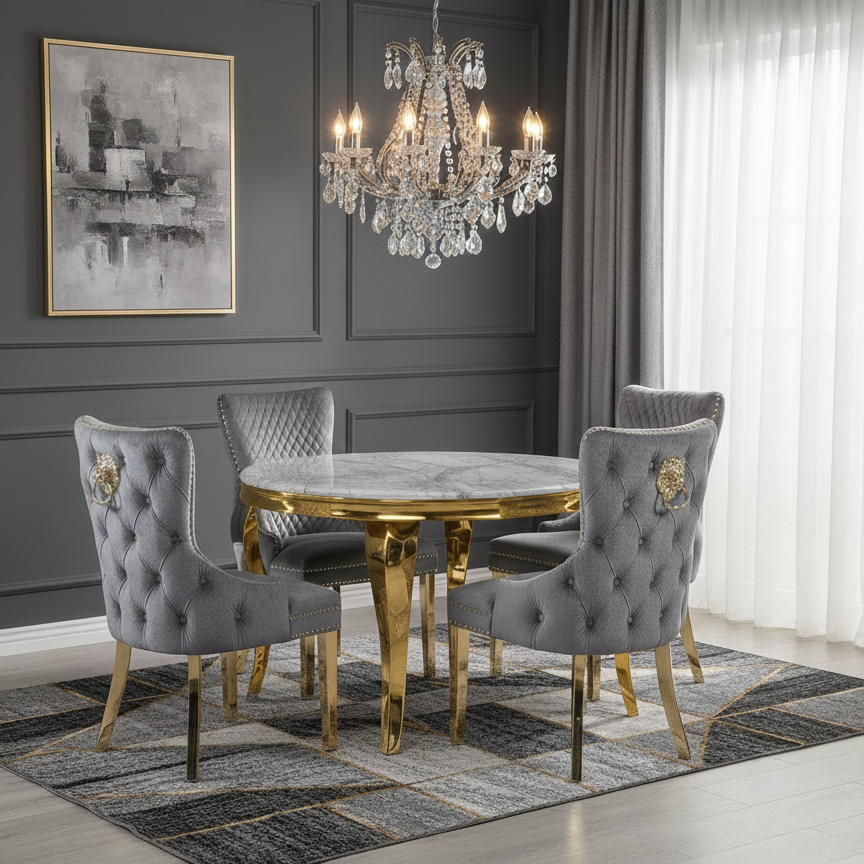 Sofia Round Cream & Gold Marble Dining Table with 4 Victoria Knocker Chairs