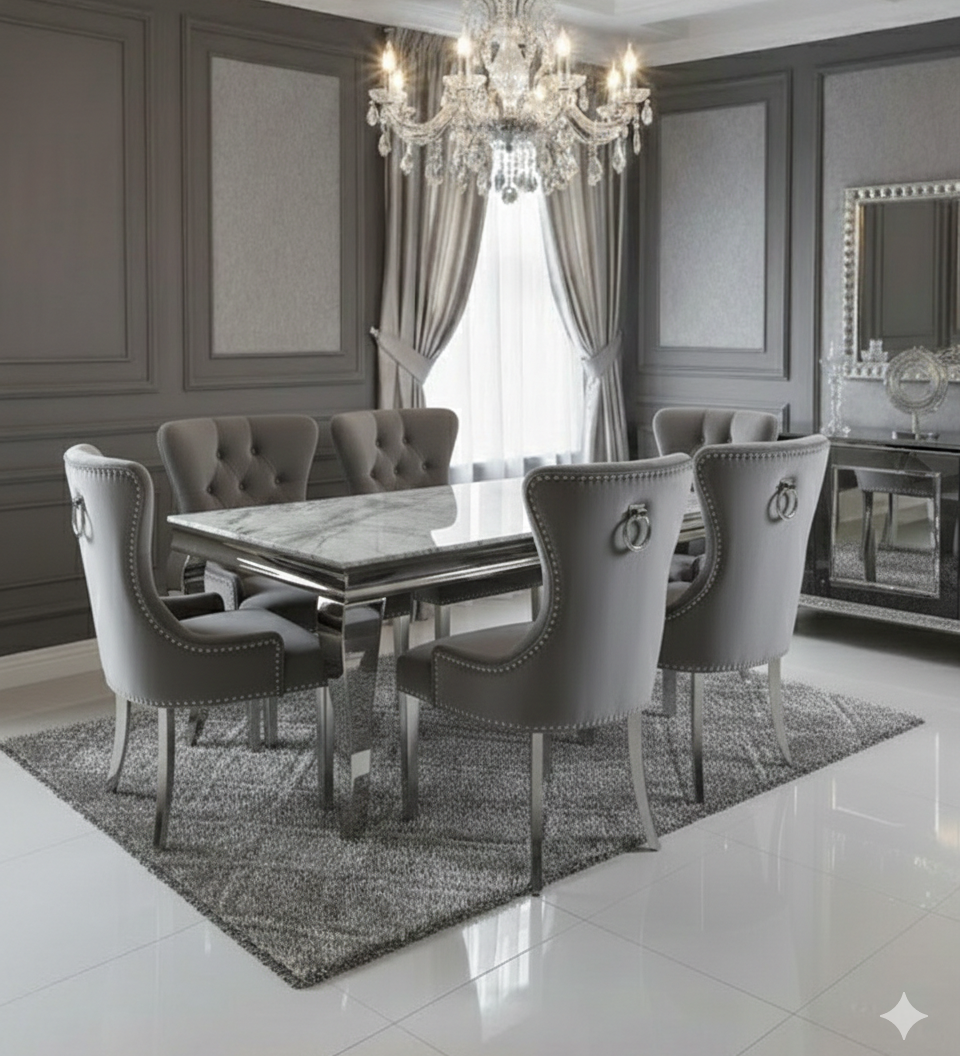 Sofia Grey Marble Dining Table with Henley Knocker Chairs