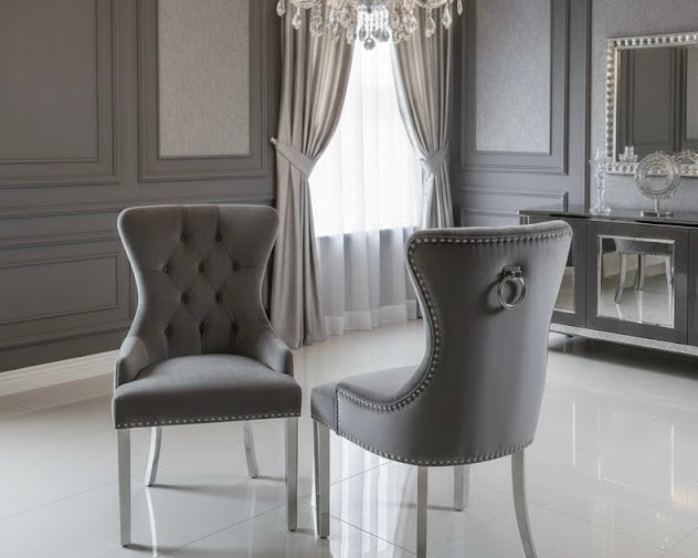 Elina Luxury Grey Marble Dining Table with Henley Ring Knocker Chairs