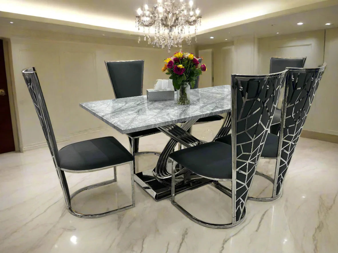 Elina 180cm Chrome Grey Marble Dining Table With Florence High Back Velvet Chrome Chairs