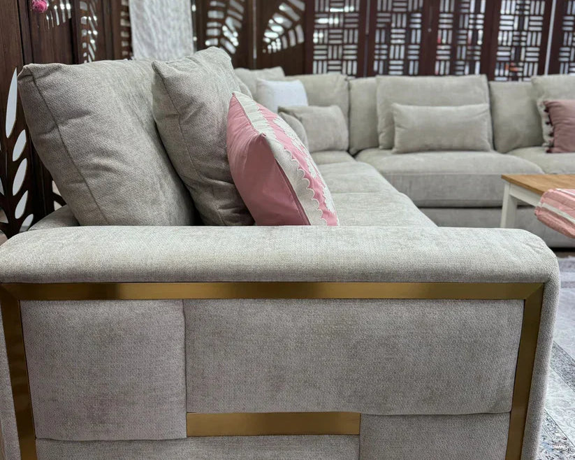 Berlin Sofa Beige Velvet Gold Trim Corner Sofa