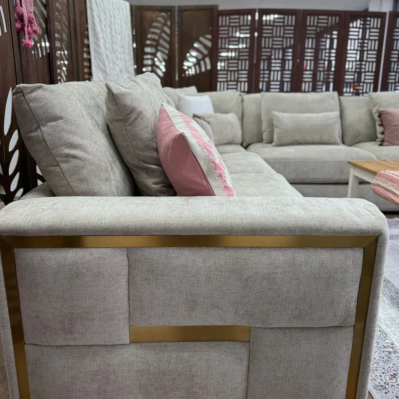 Berlin Sofa Beige Velvet Gold Trim Corner Sofa
